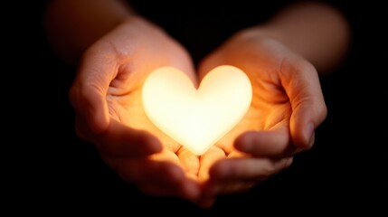 Hands holding glowing heart with warm golden light. Romantic love concept representing care and affection. Dark background highlighting the bright heart symbol.	