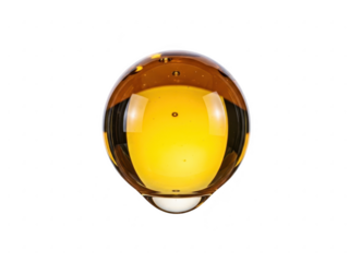 Closeup of a single, perfectly spherical drop of golden amber liquid or resin, isolated on a pure transparent background, showcasing refraction and light