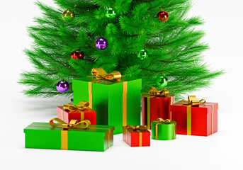 Decorated Christmas tree with presents for new year isolated on white background
