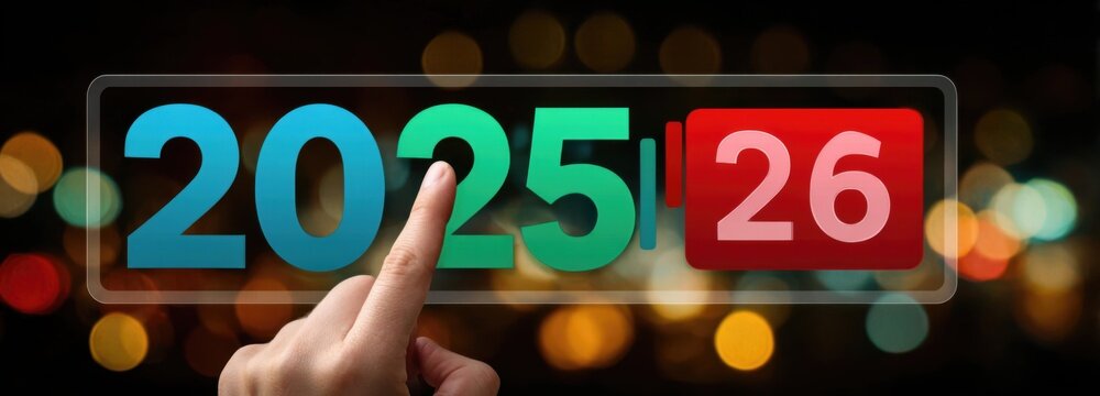 Hand pointing at digital display showing transition from 2025 to 2026. New year countdown concept with finger touching screen.	