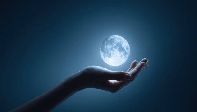 Hand holding glowing full moon in dark blue night sky. Mystical lunar concept representing spiritual connection with celestial body.	