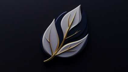 The three-dimensional leaf logo made of earthen material, a minimalist design in white and dark blue, decorated with golden elements, showcases a modern and organic aesthetic.