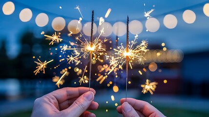 Hands holding bright burning sparklers at dusk with blurred festive string lights in the background creating a magical atmosphere