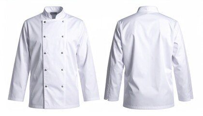 Front and back view of a chef's jacket, it's pristine, starched cotton fabric, the embodiment of culinary professionalism.  Evoking culinary precision and cleanliness in the kitchen.