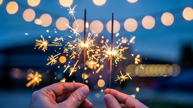 Close up of hands holding lit sparklers creating a magical burst of golden light against a blurred background of bokeh lights