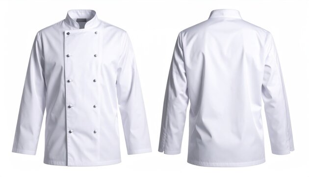 Front and back view of a chef's jacket, it's pristine, starched cotton fabric, the embodiment of culinary professionalism.  Evoking culinary precision and cleanliness in the kitchen.