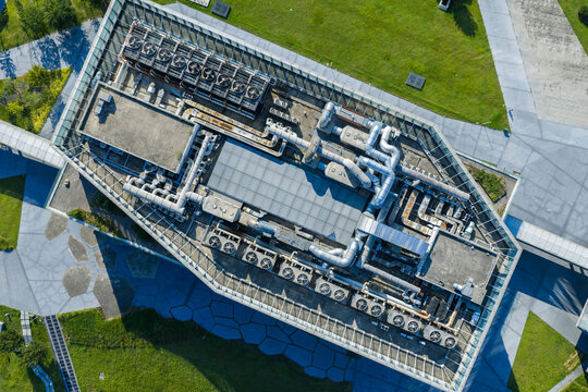 modern building roof with industrial ventilation systems