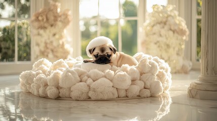 A cute pug puppy is resting on a fluffy cloud-like bed indoors. The scene is bathed in soft, natural light, creating a peaceful and serene atmosphere.