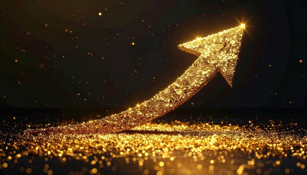 A sparkling golden arrow symbolizes growth, progress, and upward movement, set against a dark, dramatic backdrop, with glimmers of light adding to the overall feeling of aspiration and success.