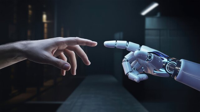 Human and robot hands reaching out in a futuristic display of connection and collaboration in a modern dark environment, showcasing innovative technology