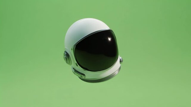 White astronaut helmet with reflective visor floating against green background futuristic minimal mood evoking curiosity exploration isolation space