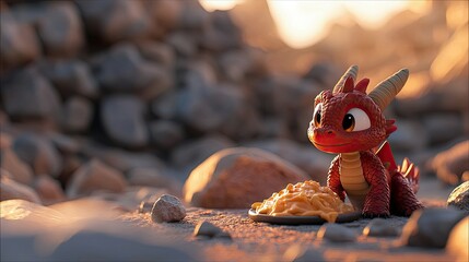 A cute red dragon sits next to a plate of food in a desert setting, with warm, inviting lighting.