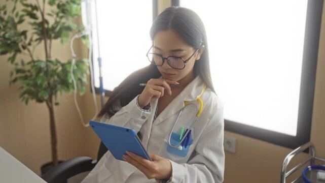 Young chinese woman doctor with stethoscope and glasses using digital tablet in hospital room, analyzing medical data indoors in professional healthcare setting.