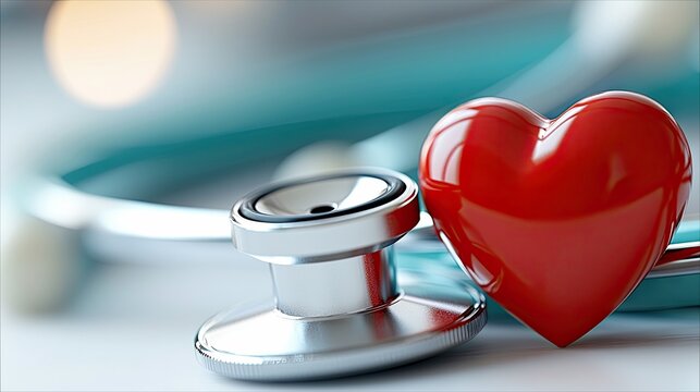 A close-up shot of a red heart and a stethoscope on a white surface, representing healthcare and medical concepts.