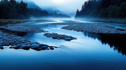 A tranquil river scene with smooth water reflecting the surrounding forest and mountains, shrouded in mist under a blue sky.