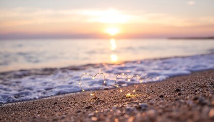 A tranquil seaside scene showing gentle sea foam on wet sand during a beautiful, serene sunset over the ocean horizon