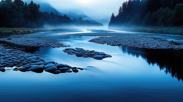 A tranquil river scene with smooth water reflecting the surrounding forest and mountains, shrouded in mist under a blue sky.