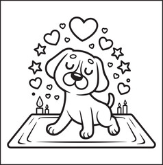Baby dog sitting on a table and candles, hearts, stars decorated black outline vector illustration animal coloring page for kids