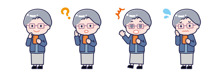 スマートフォンを使う「私服のシニア」の女性