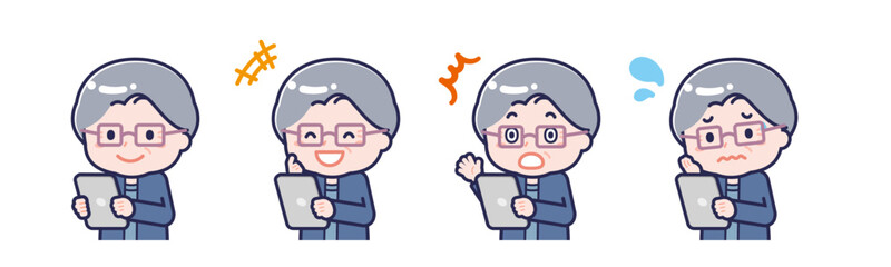 タブレットを使う「私服のシニア」の女性