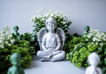 Obraz premium Peaceful Meditating Angel Statue Amidst Lush Green Foliage and Delicate White Blossoms