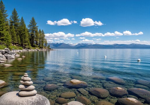 Serene Mountain Lake View with Clear Water, Pine Trees and Stone Cairn