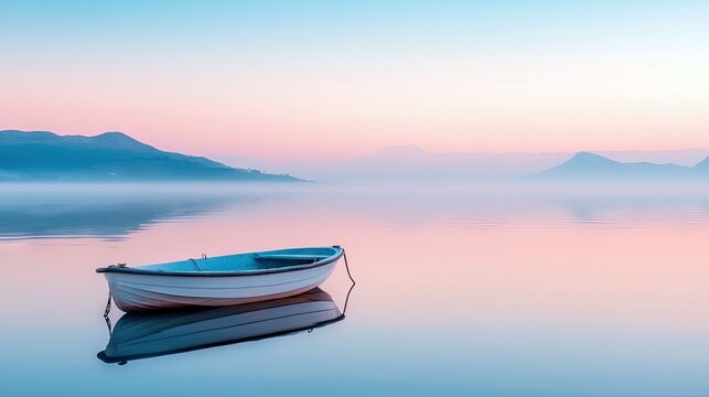 A small rowboat floats peacefully on a calm lake, reflecting in the water. Misty mountains are in the background, lit by the soft colors of sunrise. - Powered by Adobe