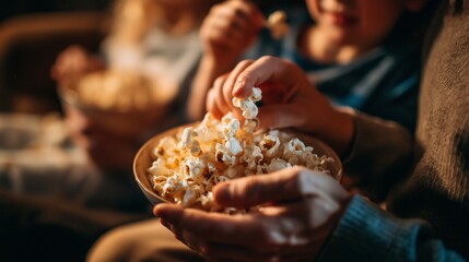 Cozy Family Movie Night with a Bowl of Popcorn, Capturing Togetherness in Warm Ambient Light