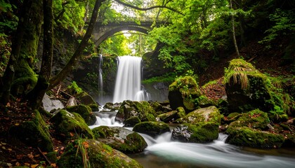 Beautiful Waterfall in a Lush Green Forest with Moss-Covered Rocks and a Stone Bridge.