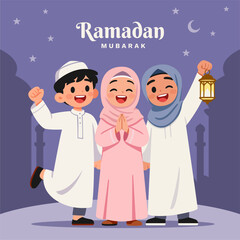Happy Muslim Children Celebrating Ramadan Mubarak with Lantern and Stars