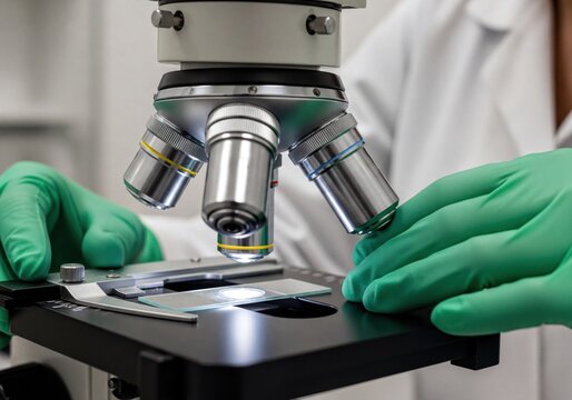Researcher gloved hands precisely adjusting a laboratory microscope