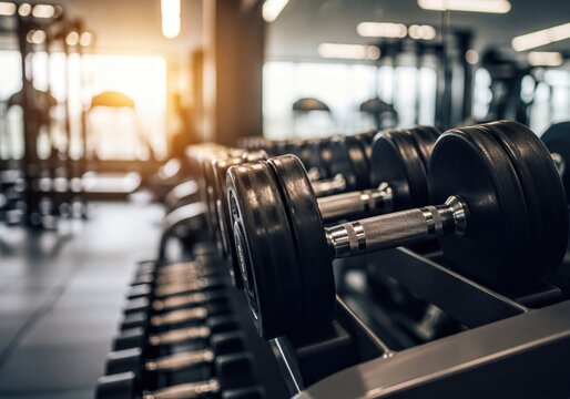 Modern Gym Interior with Row of Dumbbells on Rack and Warm Sunlight Effect
