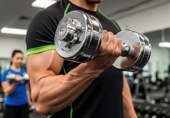 Strong Man's Arm Performing Bicep Curl with Dumbbell During Workout in Modern Gym