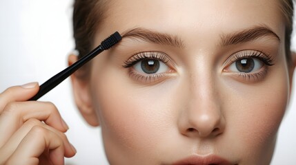 Close up beauty portrait of woman applying eyebrow makeup with brush, natural brow shaping, flawless skin, cosmetic routine isolated on white
