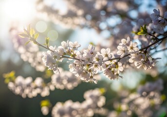 Close up vibrant white cherry blossoms under bright spring sunlight with bokeh
