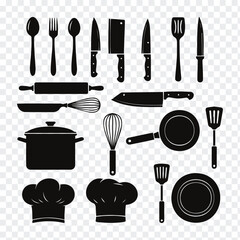Collection of black silhouette kitchenware utensils for cooking and baking