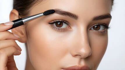 Close up beauty portrait of woman applying eyebrow makeup with brush, natural brow shaping, flawless skin, cosmetic routine isolated on white