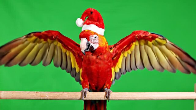 A beautiful Scarlet Macaw parrot wearing a festive Santa hat spreads its vibrant red and yellow wings while perched against a green screen background