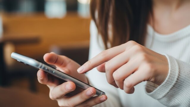 Close up of a woman s hands using a smartphone with her finger touching the screen