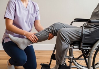 Physical Therapist Assisting Patient in Wheelchair with Leg Rehabilitation Therapy Session