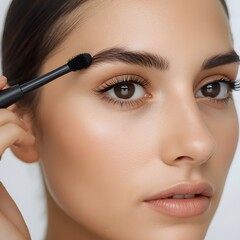 Close up beauty portrait of woman applying eyebrow makeup with brush, natural brow shaping, flawless skin, cosmetic routine isolated on white