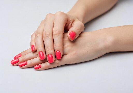 Close Up of Woman's Hands with Perfect Coral Pink Manicure Resting on a Light Surface