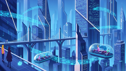 Obraz premium Futuristic Cityscape Illustration with Flying Pods and Architectural Bridges