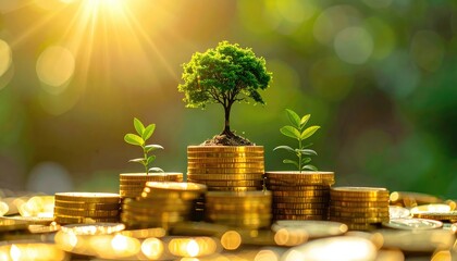 A symbolic representation of financial growth, showcasing a vibrant young tree flourishing atop a pile of shining gold coins, bathed in a warm, inviting sunlight.