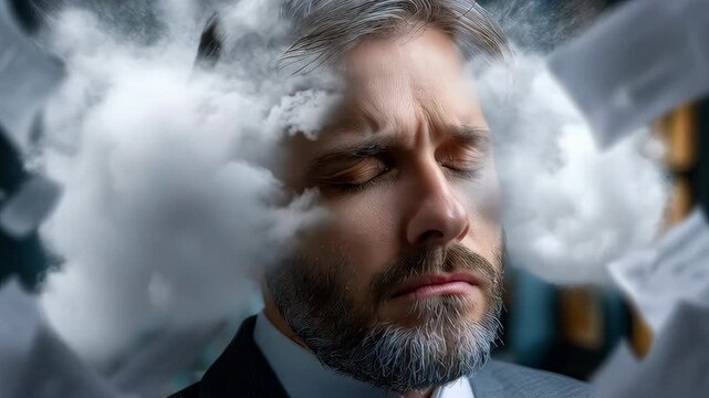 Man with vapor cloud around head concept of thinking and ideas