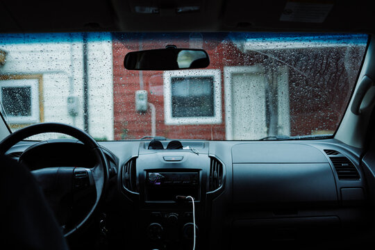 Car interior on rainy day
