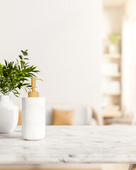 Woman skincare blank label lotion pump bottle and ceramic vase on luxury white marble counter table.