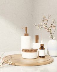 Cream jar and dropper bottle and perfume lotion on wooden tray over white marble with sakura flower.