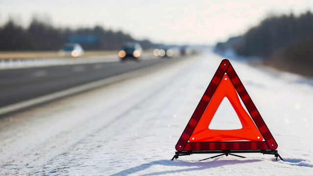 Warning triangle on snowy highway shoulder &ndash; Symbol of preparedness and vigilance