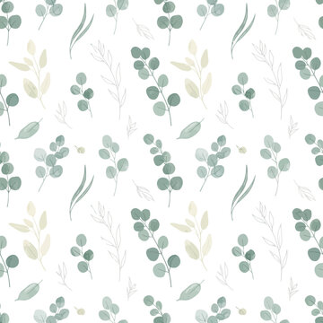 Delicate watercolor eucalyptus and small flowers seamless pattern in sage green cream for botanical wedding fabric textile design
